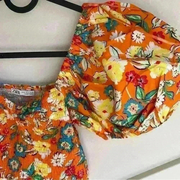 Zara Multicolored Orange Floral Print Puff Sleeves Flounce Top Size  S - Picture 5 of 7